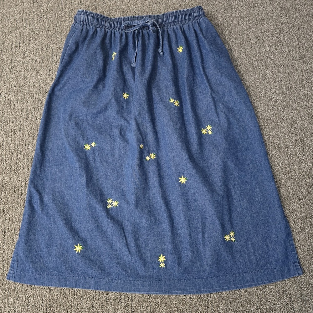 Vintage BonWorth Denim Embroidered Daisy Midi Skirt Elastic Waist Cottagecore L
